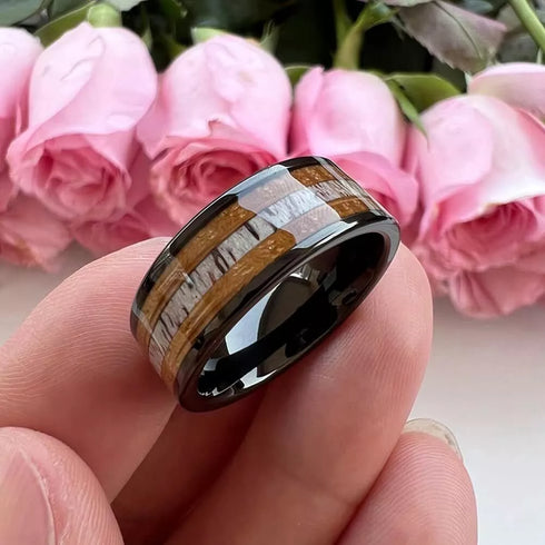 Men's 8mm Tungsten Deer Antler Whiskey Barrel Wood Inlay Engagement Wedding Band